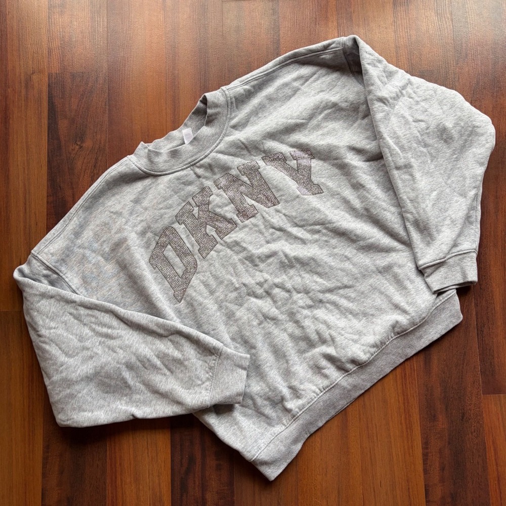 DKNY Sport Womens Rhinestone Logo Sweatshirt Heather Gray Crew Neck Size Medium